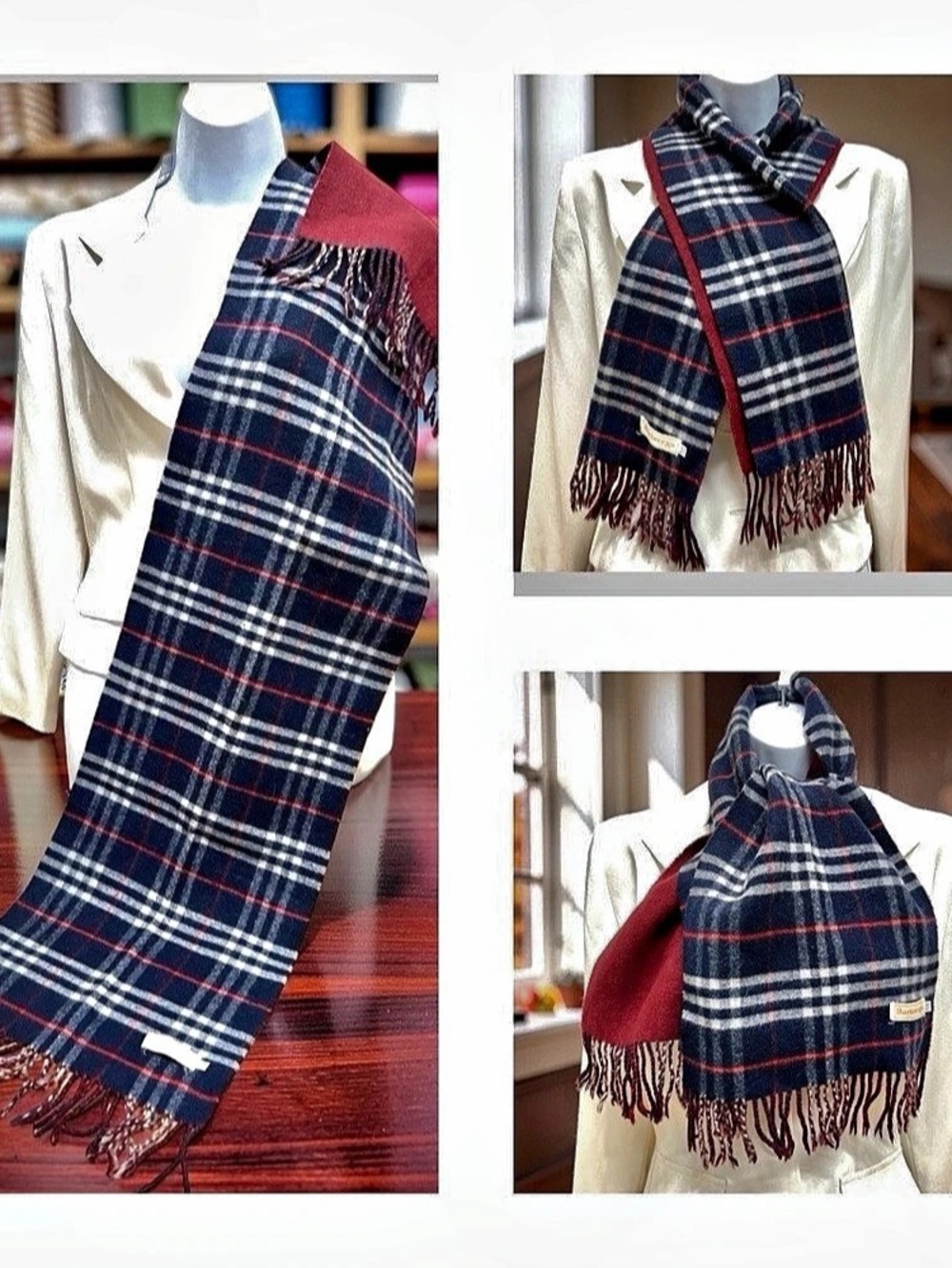 Unused-Reversibale Classic Burberry Scarf Wool 56"x11" Blue Nova Check(15
